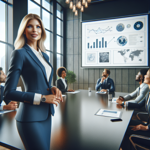 for the webpage \'https://sterlingbio.com/2024/11/09/how-ai-is-transforming-clinical-trials/\', create a photo of a blonde woman, dressed in a conservative blue business suit with a white blouse, in a conference room presenting a powerpoint chart with a timeline to a small team.